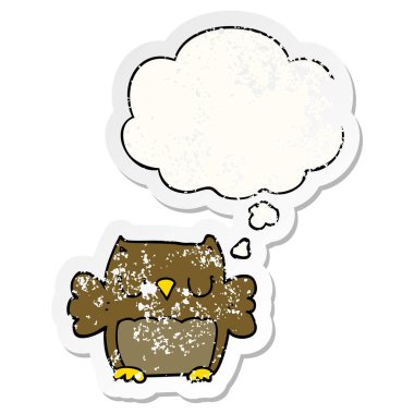 sevimli karikatür baykuş ve sıkıntılı yıpranmış etiket olarak kabarcık düşünce