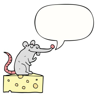 karikatür fare peynir ve konuşma balonu üzerinde oturan