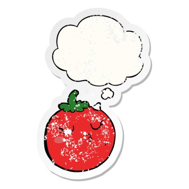 karikatür domates ve sıkıntılı yıpranmış etiket olarak kabarcık düşünce