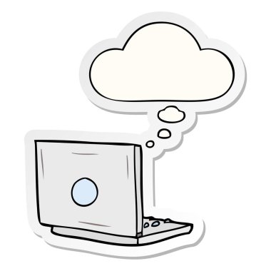 karikatür dizüstü bilgisayar ve baskılı bir etiket olarak kabarcık düşünce