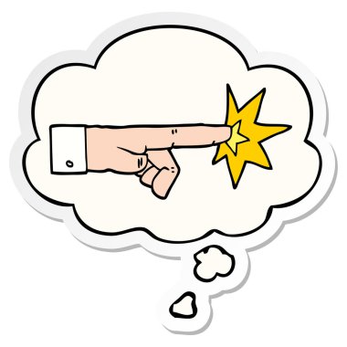 karikatür işaret el ve baskılı bir etiket olarak kabarcık düşünce