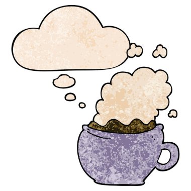 kahve karikatür sıcak fincan ve grunge doku p düşünce balonu