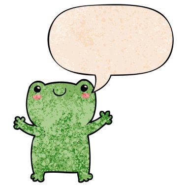 retro doku tarzında sevimli karikatür kurbağa ve konuşma balonu