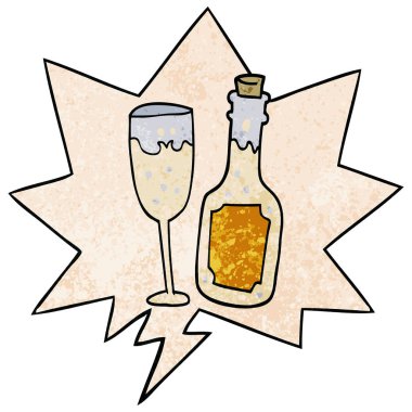 karikatür şampanya şişesi ve cam ve konuşma balonu retro te