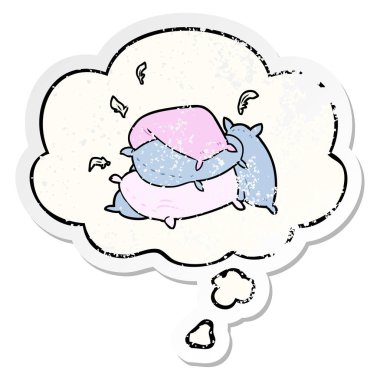 karikatür yastık ve sıkıntılı yıpranmış etiket olarak kabarcık düşünce