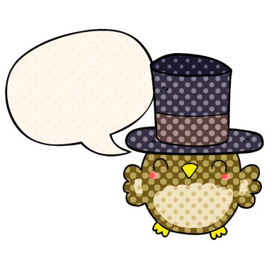 çizgi roman stilitüst şapka ve konuşma balonu giyen karikatür baykuş