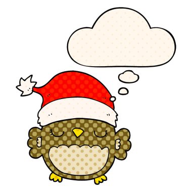 sevimli noel baykuş ve çizgi roman tarzında kabarcık düşünce