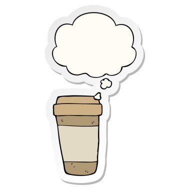 karikatür kahve fincanı ve baskılı bir etiket olarak düşünce balonu