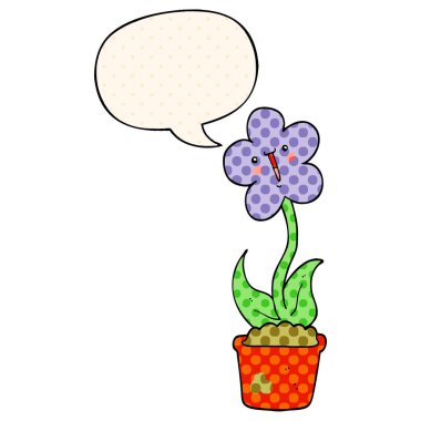 çizgi roman tarzında sevimli karikatür çiçek ve konuşma balonu