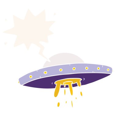 retro tarzında çizgi film uçan Ufo ve konuşma balonu