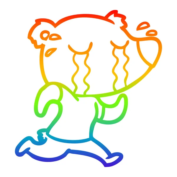 Rainbow gradient line drawing cartoon crying bear running — Stock Vector