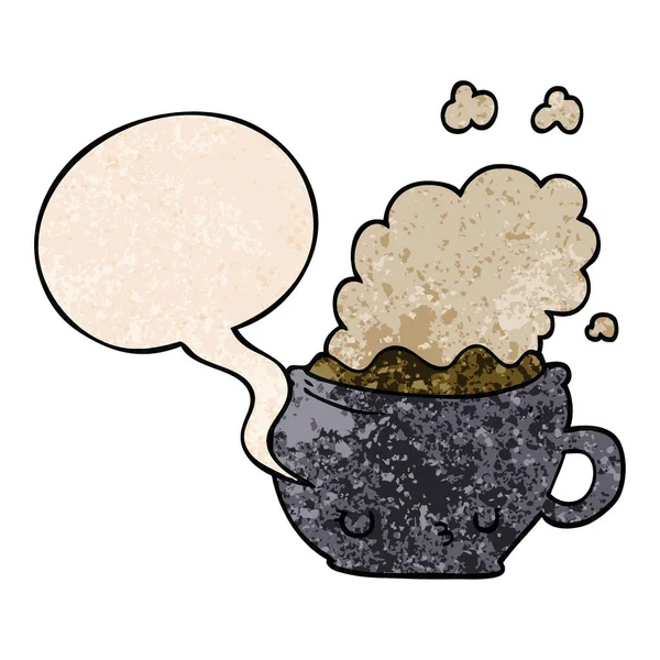Leuke cartoon koffie kopje en toespraak bubble in retro textuur stijl — Stockvector