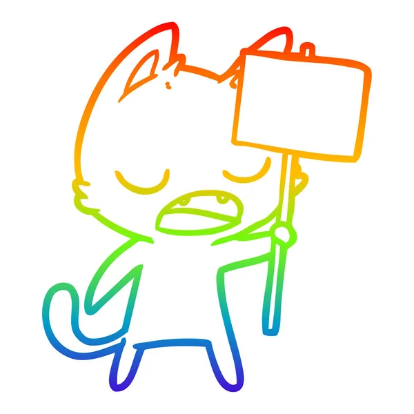 Regenbogen-Gradienten-Linie zeichnet sprechende Katze Karikatur mit Plakat — Stockvektor