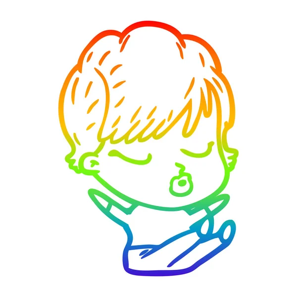 Rainbow gradient ligne dessin dessin animé femme avec les yeux fermés — Image vectorielle