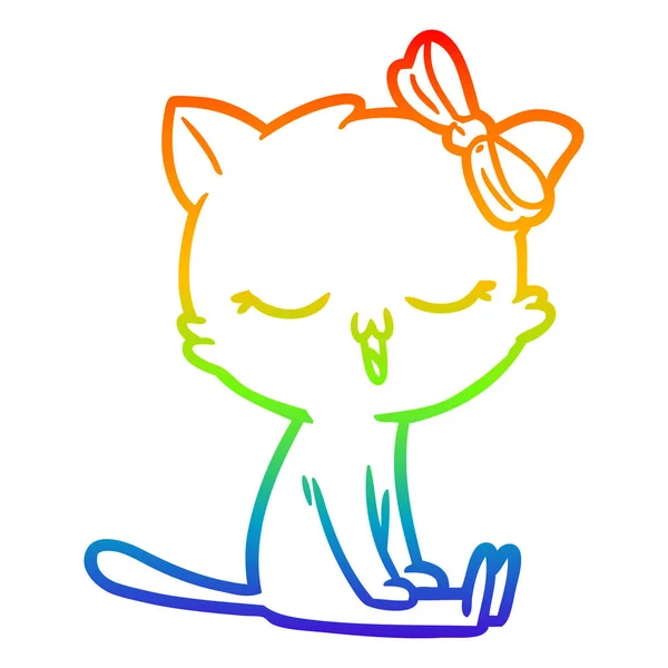 Rainbow gradient line drawing cartoon cat with bow on head — Stock Vector