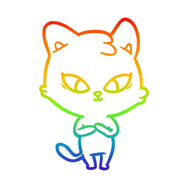 Rainbow gradient line drawing cute cartoon cat — Stock Vector