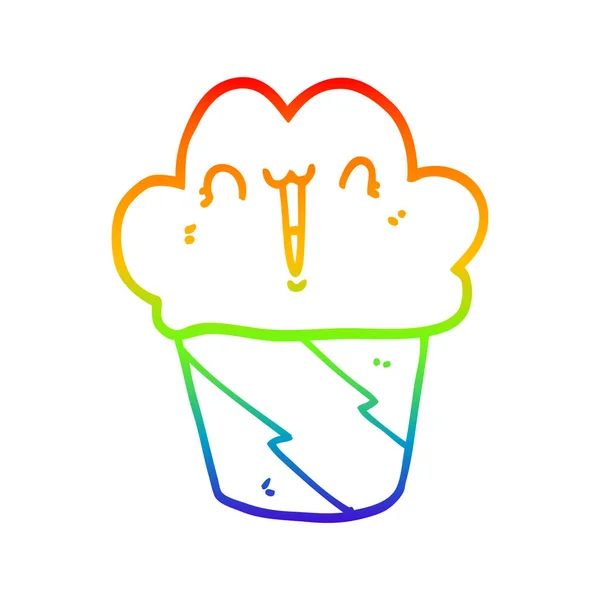 Regenboog kleurovergang lijntekening cartoon cupcake met gezicht — Stockvector