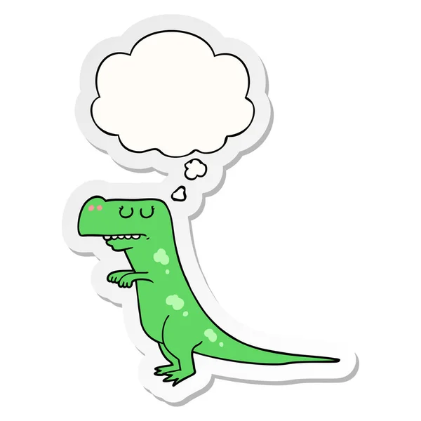Dinosaurio de dibujos animados y burbuja de pensamiento como una pegatina impresa — Vector de stock