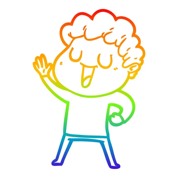 Rainbow gradient line drawing waving cartoon man — Stock Vector