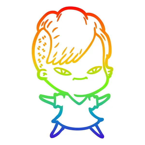 Regenbogen-Gradienten-Linie Zeichnung niedlichen Cartoon-Mädchen mit Hipster-hai — Stockvektor