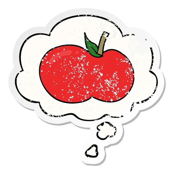Cartone animato mela e bolla di pensiero come un adesivo usurato angosciato — Vettoriale Stock