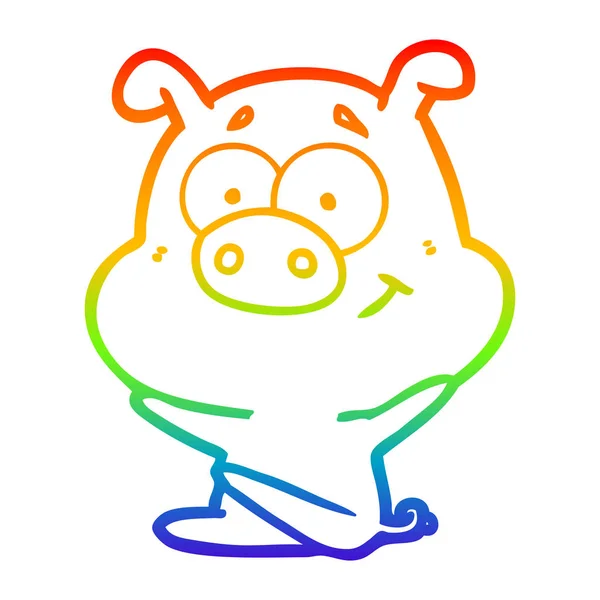 Rainbow gradient line drawing happy cartoon pig — Stock Vector