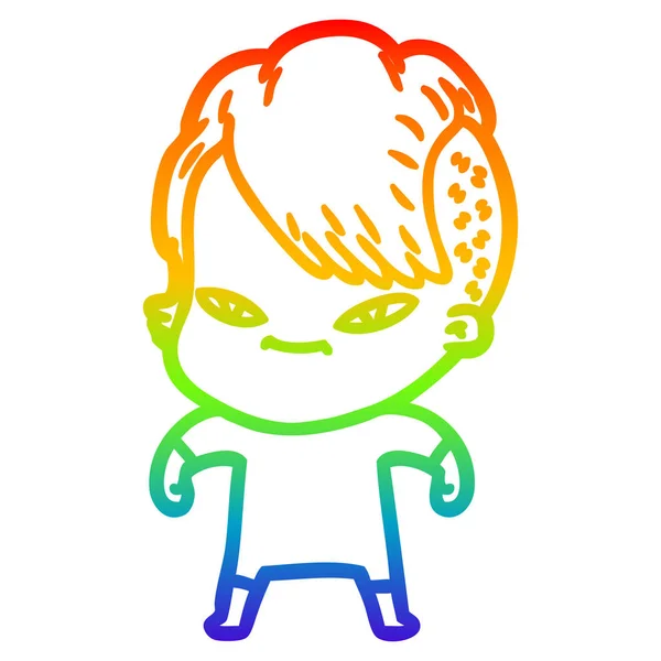 ヒップスターハイでかわいい漫画の女の子を描く虹のグラデーションライン — ストックベクタ