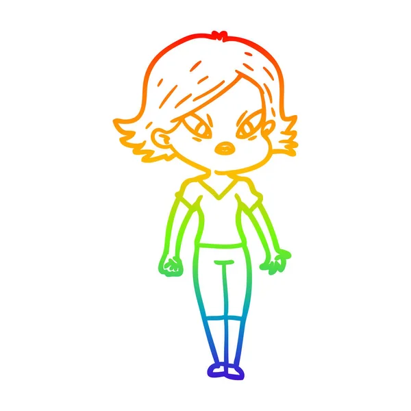Rainbow gradient line drawing cartoon stressed woman — Stock Vector