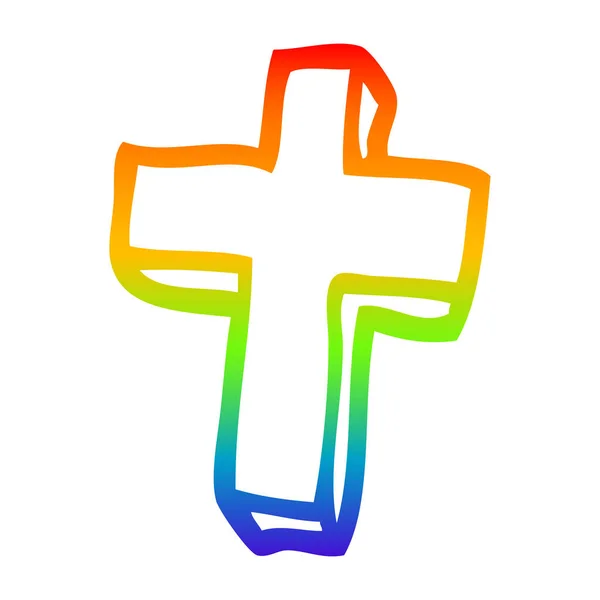 Rainbow gradient line drawing cartoon gold cross — Stock Vector