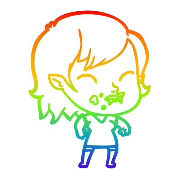 Rainbow gradient line drawing cartoon vampire girl with blood on — Stock Vector