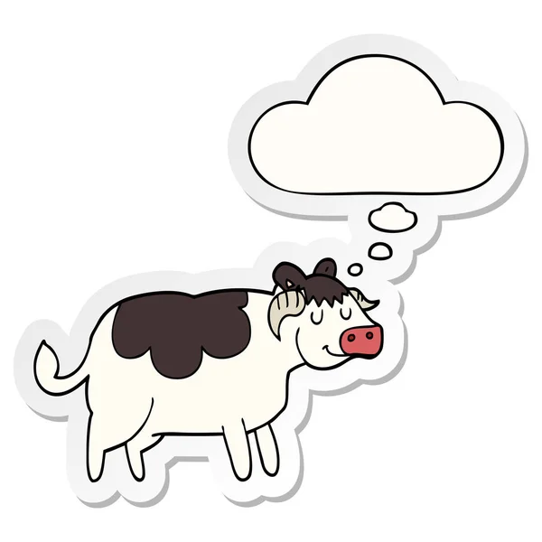 Vaca de dibujos animados y burbuja de pensamiento como una pegatina impresa — Vector de stock