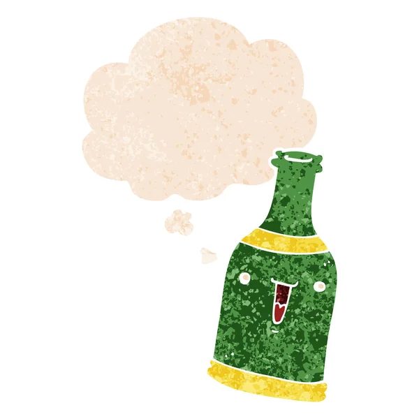 Bottiglia di birra cartone animato e bolla di pensiero in stile retrò testurizzato — Vettoriale Stock