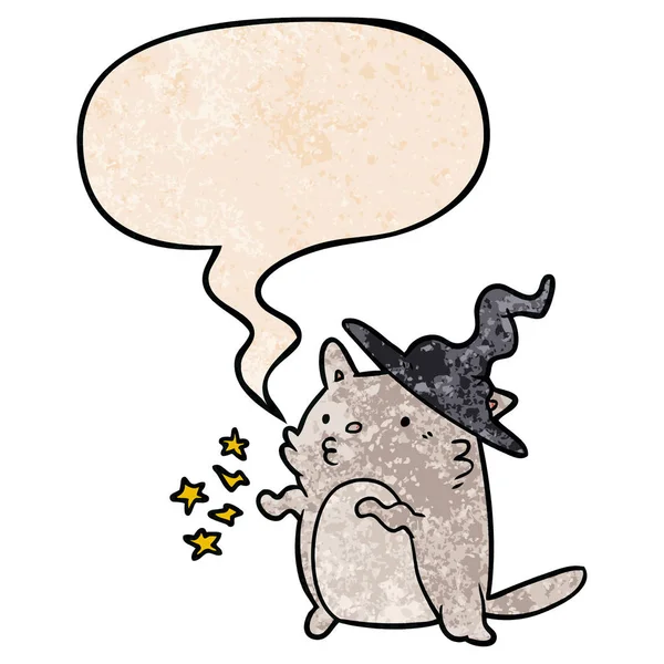 Magical amazing cartoon cat wizard and speech bubble in retro te — стоковый вектор