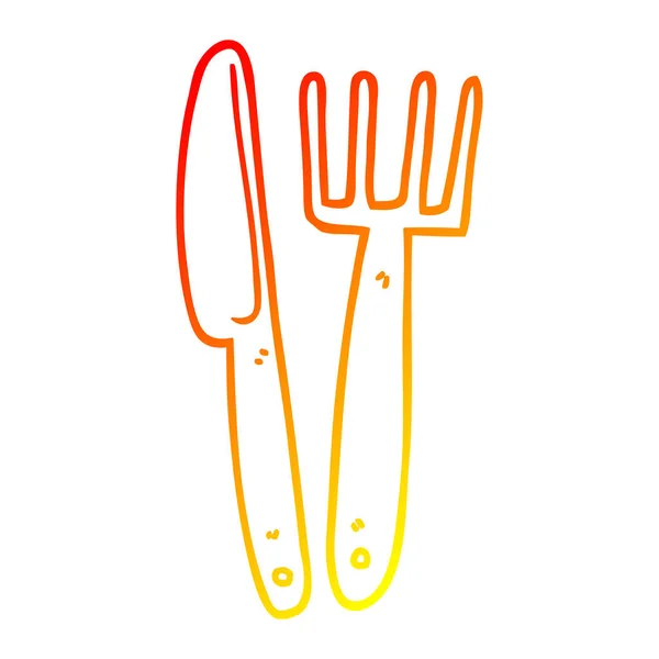 Warme kleurovergang lijntekening cartoon mes en vork — Stockvector