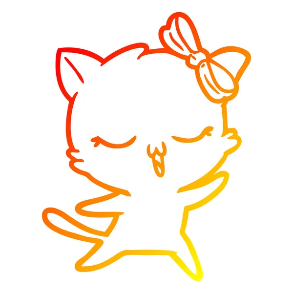 Chaud dégradé ligne dessin dessin animé danse chat avec arc sur la tête — Image vectorielle