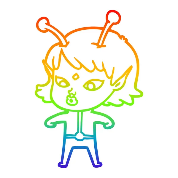 Rainbow gradient line drawing pretty cartoon alien girl — Stock Vector