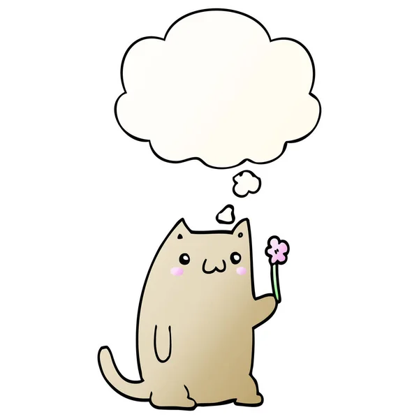 Lindo gato de dibujos animados con flor y burbuja de pensamiento en gradie suave — Vector de stock