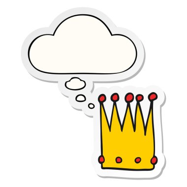 karikatür basit taç ve baskılı bir etiket olarak kabarcık düşünce