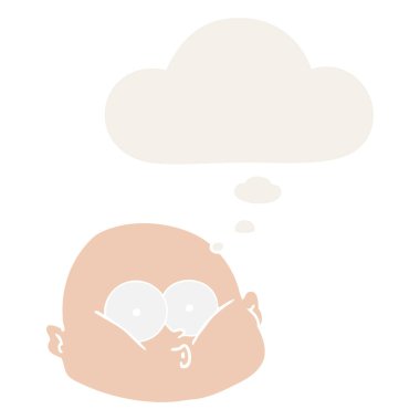 karikatür meraklı kel adam ve retro tarzında kabarcık düşünce