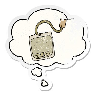 karikatür çay poşeti ve sıkıntılı yıpranmış etiket olarak kabarcık düşünce