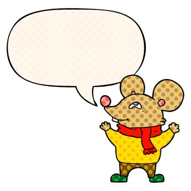 çizgi roman stilite atkı ve konuşma balonu giyen karikatür fare