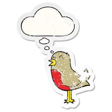 sıkıntılı bir yıpranmış etiket olarak karikatür kuş ve düşünce balonu
