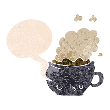 retro dokulu stil sevimli karikatür kahve fincanı ve konuşma balonu