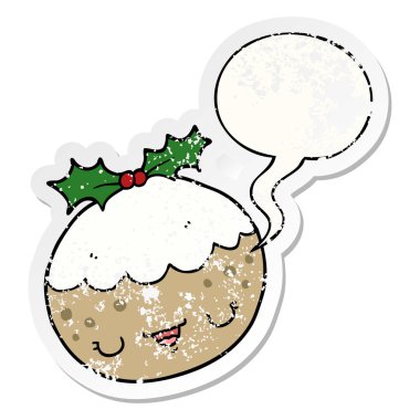 sevimli karikatür noel puding ve konuşma balonu sıkıntılı stic