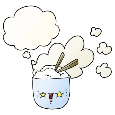 sevimli karikatür sıcak pirinç kase ve pürüzsüz degrade kabarcık düşünce