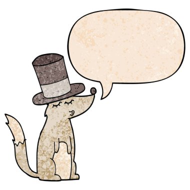 retr üst şapka ve konuşma balonu giyen karikatür kurt ıslık