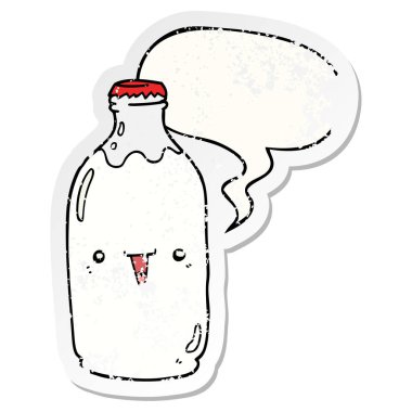 sevimli karikatür süt şişesi ve konuşma balonu sıkıntılı etiket