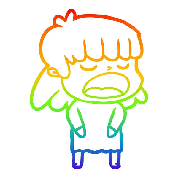 Regenboog gradiënt lijntekening cartoon vrouw praten luid — Stockvector