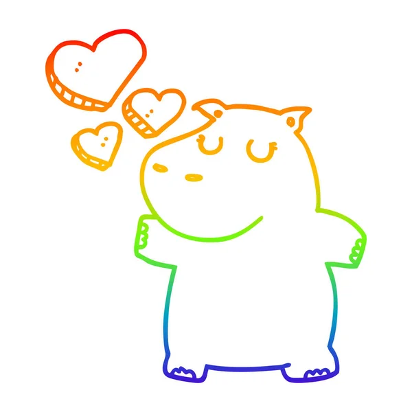 Arco iris gradiente línea dibujo dibujos animados hipopótamo en el amor — Vector de stock