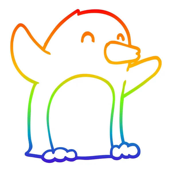 Rainbow gradient ligne dessin animé excité pingouin — Image vectorielle